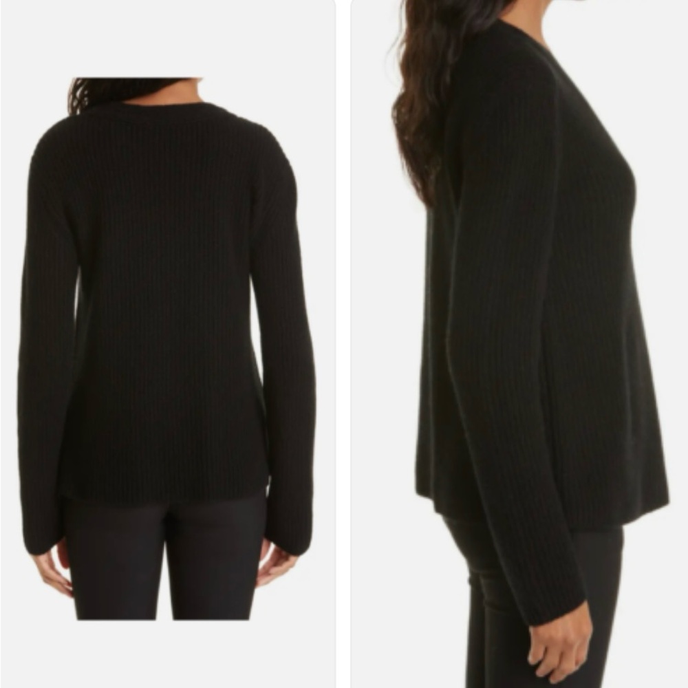 Vince Ribbed V-Neck Wool & Cashmere Blend Sweater Black size Large - Picture 2 of 14